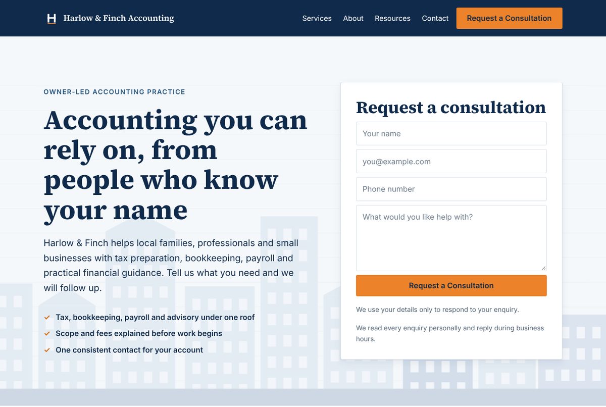 Home page of the Accounting Firm template, with a navy header, a serif headline and a consultation request form