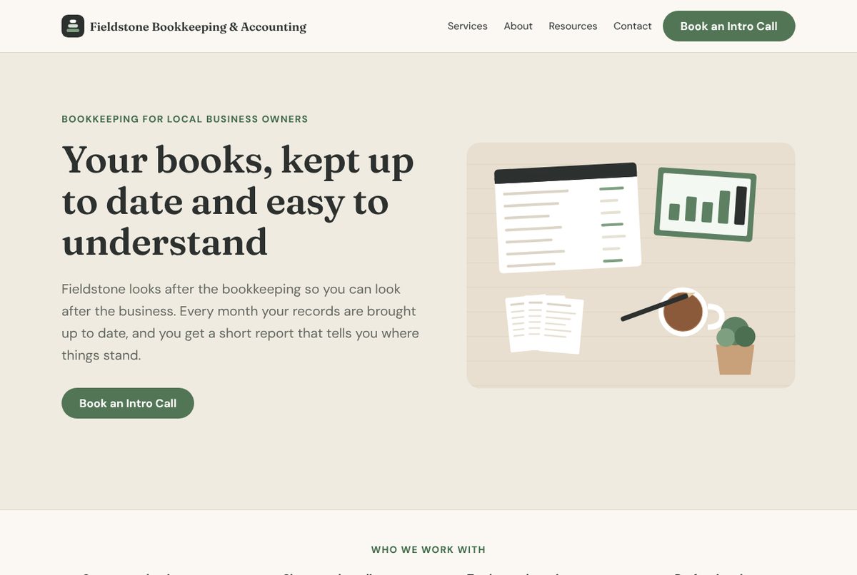 Home page of the Small-Business Bookkeeping template, with a sage and warm white palette, an illustration of a desk and a book-an-intro-call button