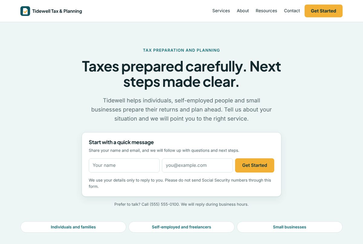 Home page of the Tax Preparation and Planning template, with a centered headline, a short enquiry form and a service picker for choosing the right service